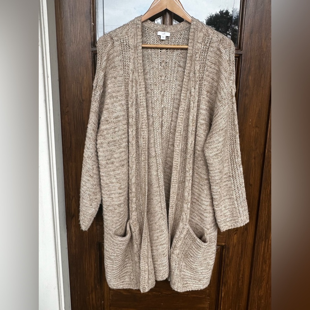 J Jill Long Tan Beige Cardigan with Pockets Size Large